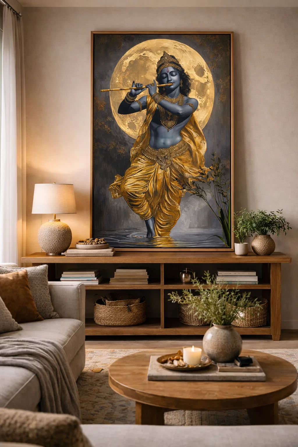 Lord Krishna Playing Flute Canvas Wall Art 5×3 Feet – Floating Frame in Gold – Living Room Wall Décor - Image 4