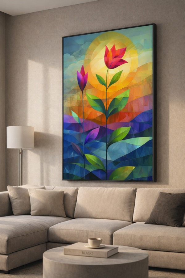 Abstract Floral Sunrise Canvas Wall Art 5×3 Feet – Floating Frame in Gold – Living Room Wall Décor
