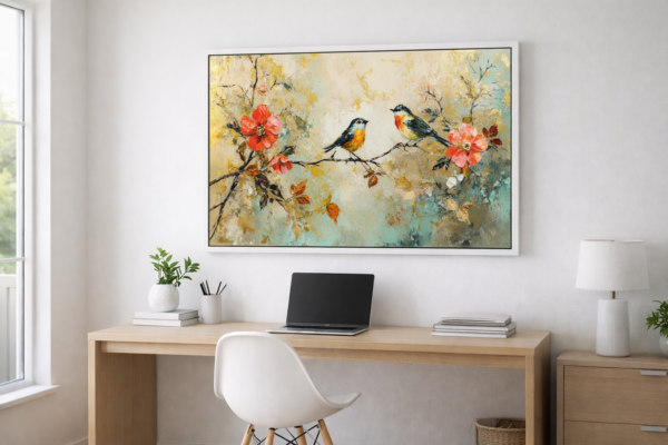 Birds on Floral Branch Canvas Wall Art 5×3 Feet – Floating Frame in Gold – Living Room Wall Décor