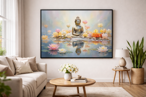 Serene Buddha with Lotus Canvas Wall Art 4×3 Feet – Floating Frame in Gold – Meditation Room Wall Décor
