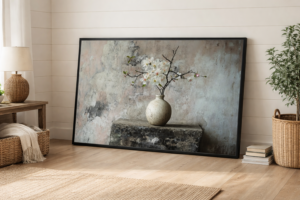 Minimalist Blossom Still Life Canvas Wall Art 5×3 Feet – Floating Frame in Gold – Living Room Wall Décor