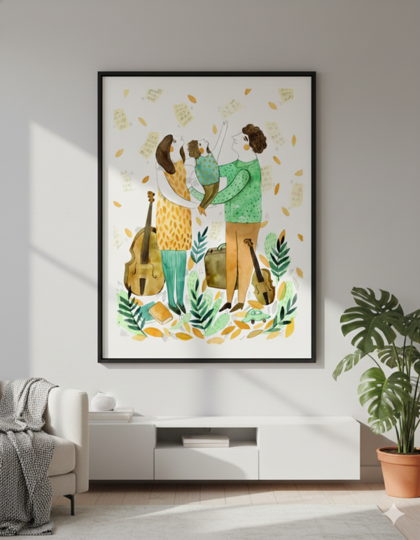 Family Music Illustration Canvas Wall Art 5×3 Feet – Floating Frame in Gold – Living Room Wall Décor