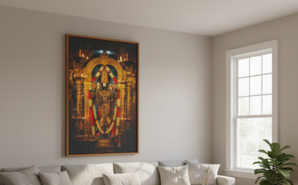 Lord Venkateswara Temple Canvas Wall Art 2×3 Feet – Floating Frame in Gold – Pooja Room & Home Mandir Décor