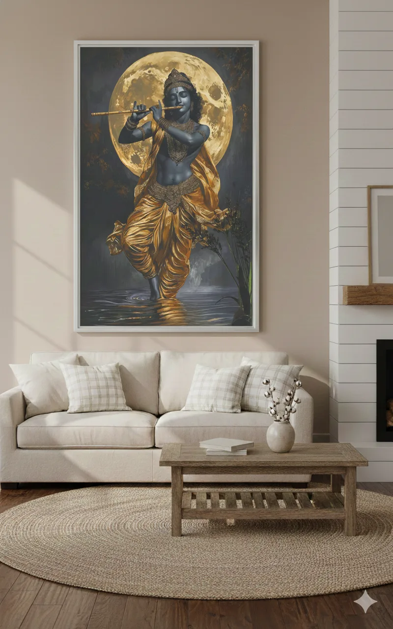 Lord Krishna Playing Flute Canvas Wall Art 5×3 Feet – Floating Frame in Gold – Living Room Wall Décor - Image 5
