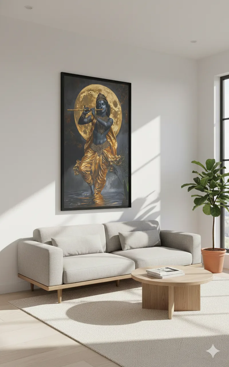 Lord Krishna Playing Flute Canvas Wall Art 5×3 Feet – Floating Frame in Gold – Living Room Wall Décor - Image 7