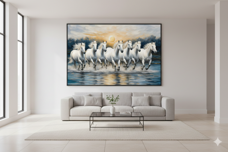 Powerful Running White Horses Canvas Wall Art – 36×60 Inches – Premium Digital Print for Prosperity & Vastu