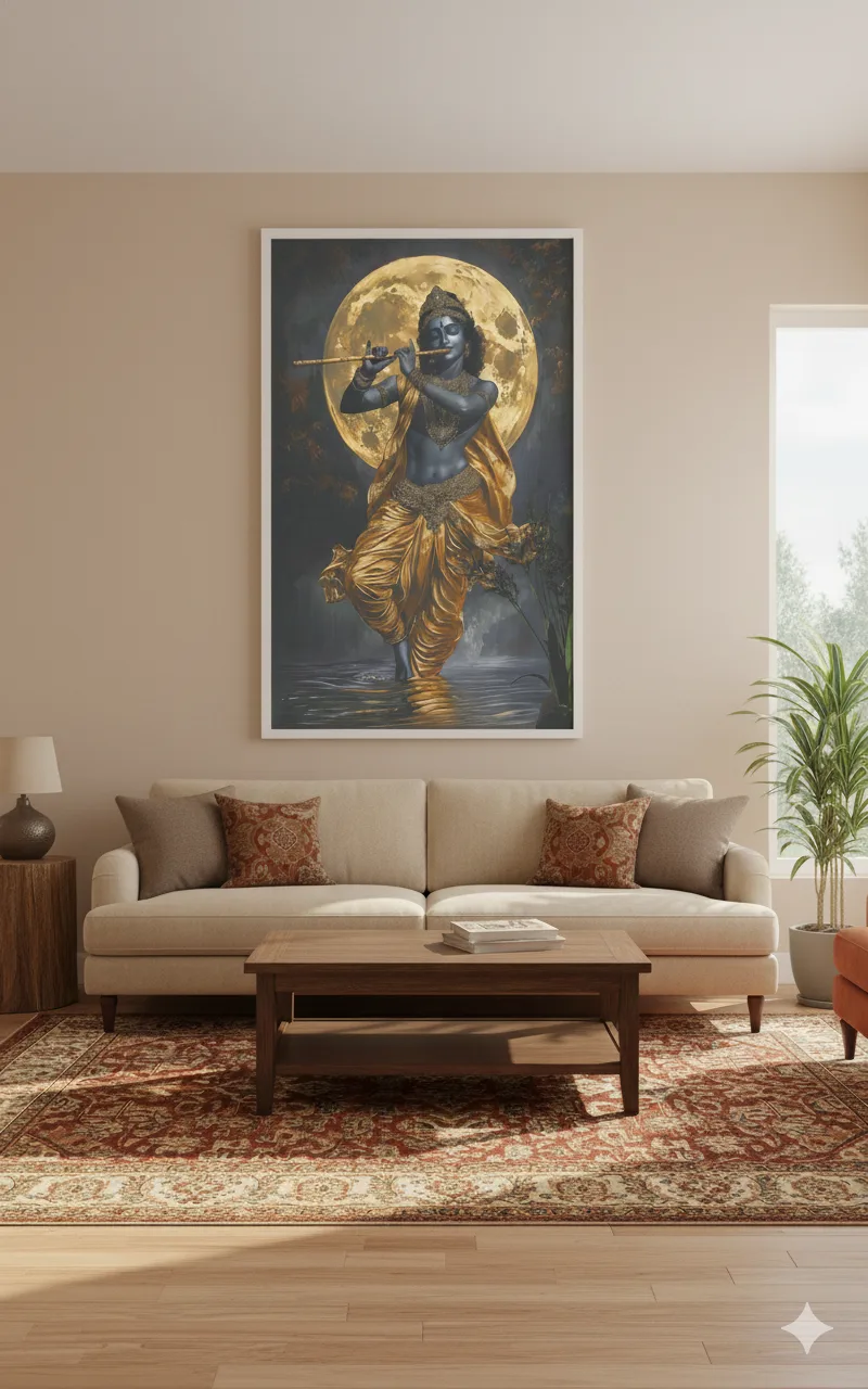 Lord Krishna Playing Flute Canvas Wall Art 5×3 Feet – Floating Frame in Gold – Living Room Wall Décor - Image 8