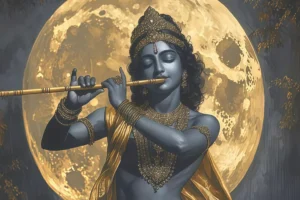 Lord Krishna Playing Flute Canvas Wall Art 5×3 Feet – Floating Frame in Gold – Living Room Wall Décor