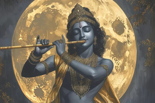 Lord Krishna Playing Flute Canvas Wall Art 5×3 Feet – Floating Frame in Gold – Living Room Wall Décor