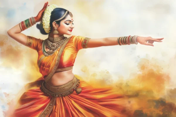 Classical Bharatanatyam Dancer Canvas Wall Art 5×3 Feet – Floating Frame in Gold – Living Room Wall Décor