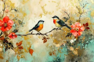 Birds on Floral Branch Canvas Wall Art