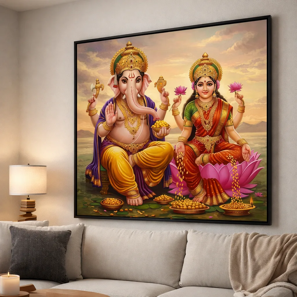 Lakshmi Ganesh Divine Canvas Wall Art – Prosperity & Wealth Religious Painting (48 × 48 Inches) - Image 7