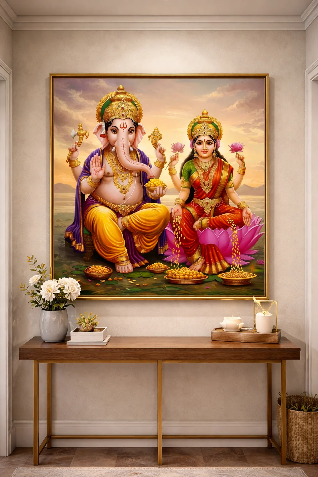 Lakshmi Ganesh Divine Canvas Wall Art – Prosperity & Wealth Religious Painting (48 × 48 Inches) - Image 2
