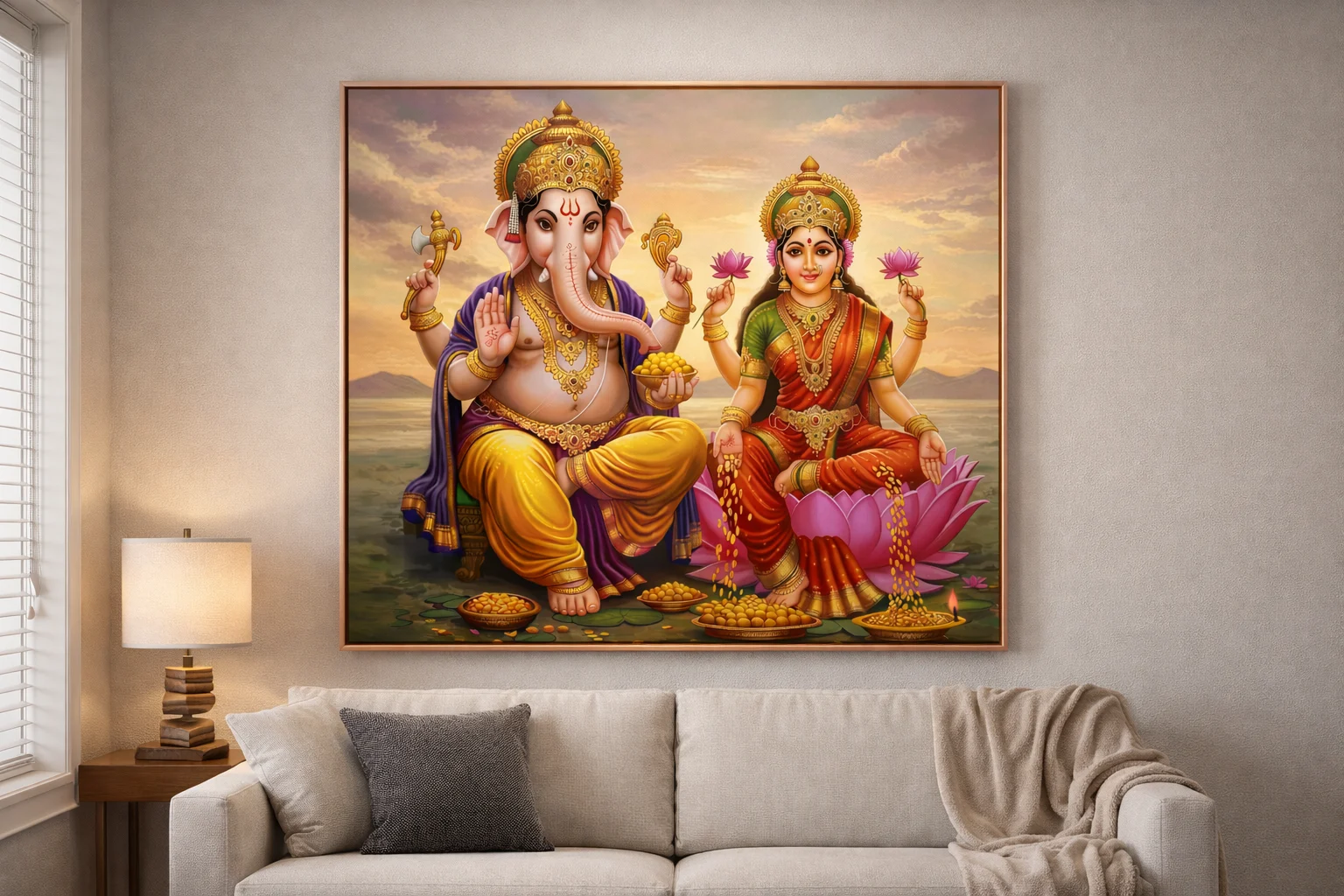 Lakshmi Ganesh Divine Canvas Wall Art – Prosperity & Wealth Religious Painting (48 × 48 Inches) - Image 3