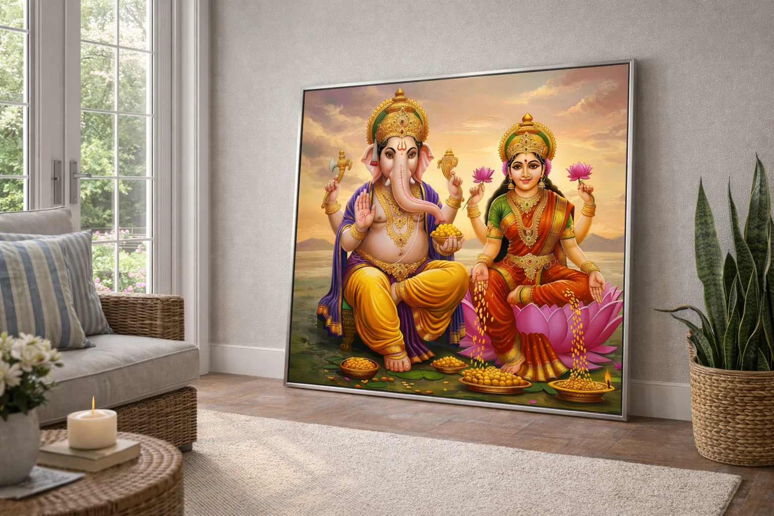 Lakshmi Ganesh Divine Canvas Wall Art – Prosperity & Wealth Religious Painting (48 × 48 Inches) - Image 4