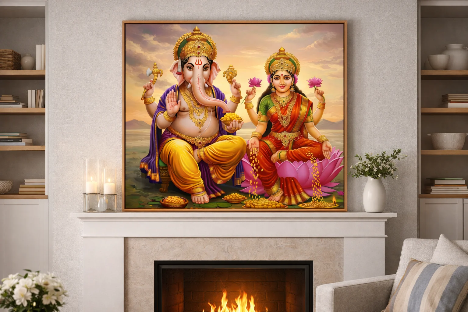 Lakshmi Ganesh Divine Canvas Wall Art – Prosperity & Wealth Religious Painting (48 × 48 Inches) - Image 6