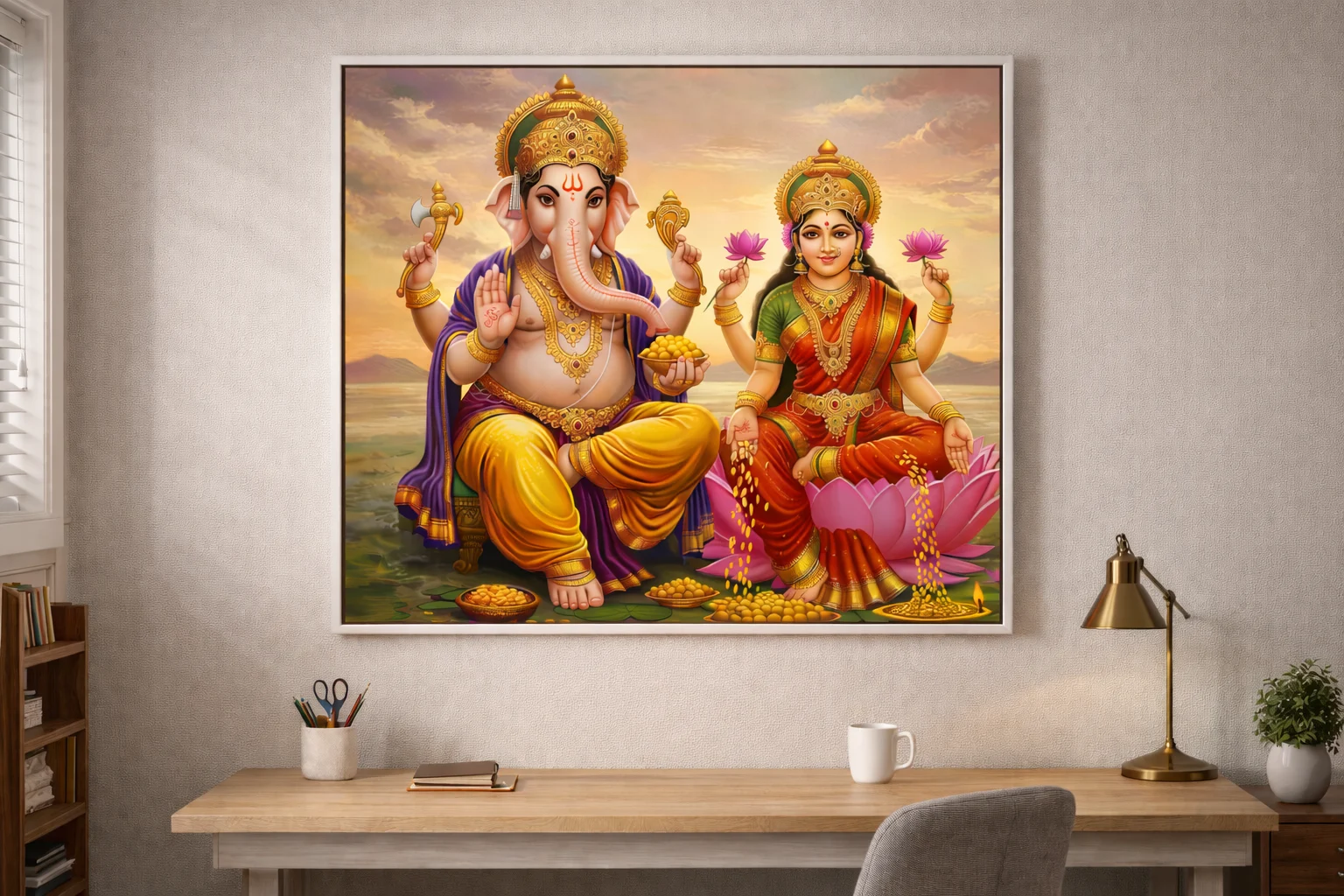 Lakshmi Ganesh Divine Canvas Wall Art – Prosperity & Wealth Religious Painting (48 × 48 Inches) - Image 5