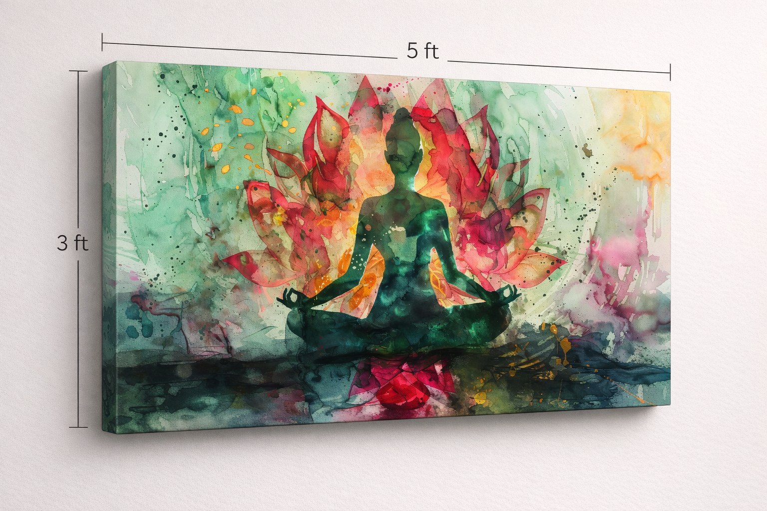 Meditative Lotus Silhouette Canvas Wall Art 5×3 Feet – Floating Frame in Gold – Yoga & Meditation Room Decor - Image 2