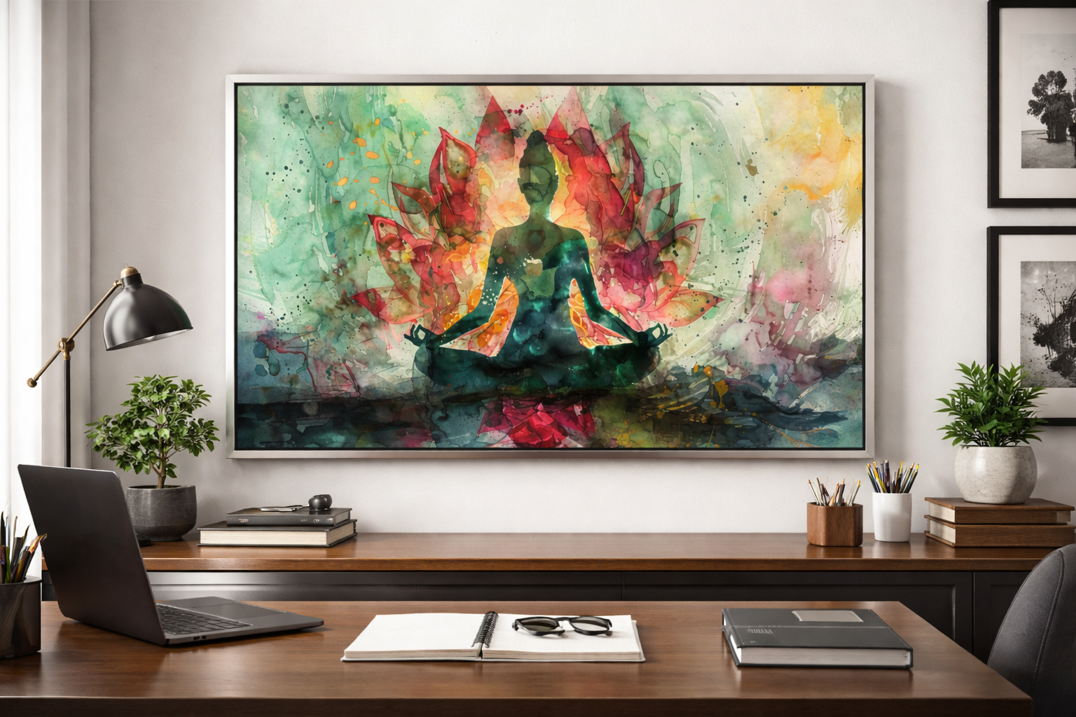 Meditative Lotus Silhouette Canvas Wall Art 5×3 Feet – Floating Frame in Gold – Yoga & Meditation Room Decor