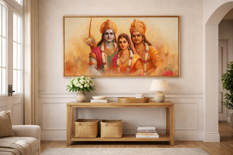premium ram darbar divine wall art – 36 x 60 inches spiritual digital canvas print canvas wall art shown framed on a wall