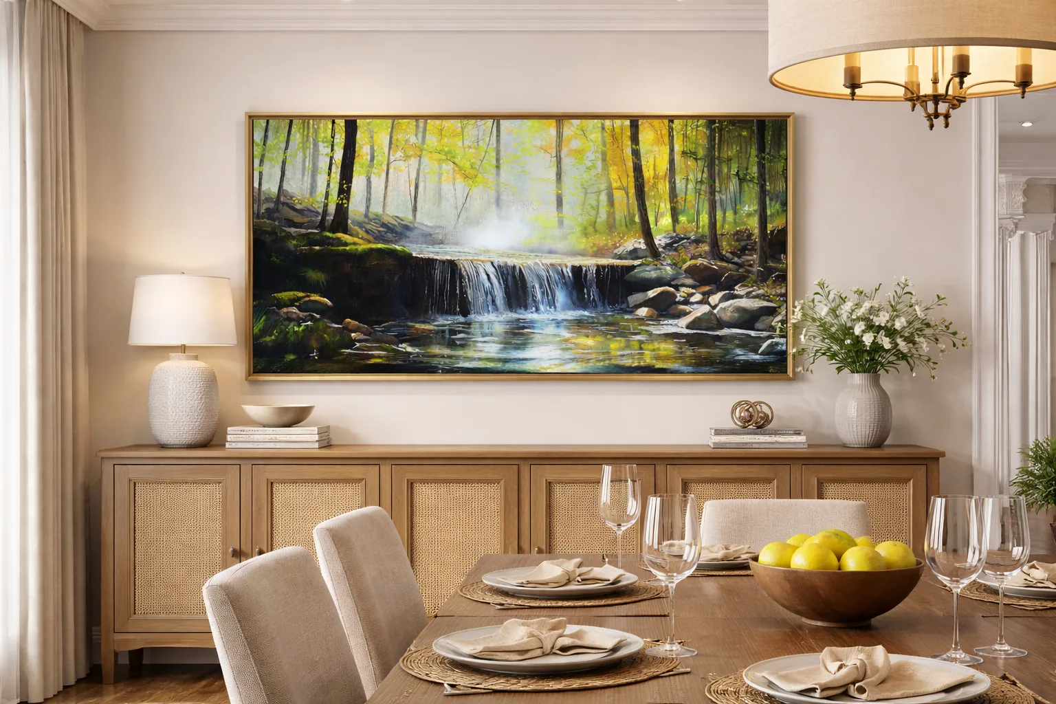 Forest Waterfall Nature Canvas Wall Art 4×3 Feet – Floating Frame in Gold – Living Room Wall Décor - Image 3