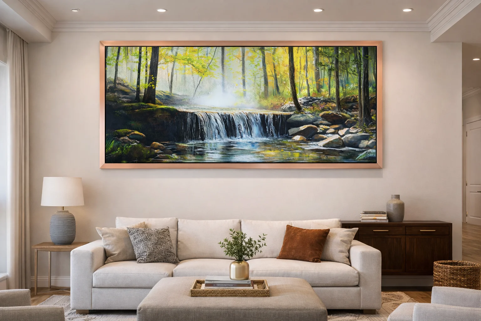 Forest Waterfall Nature Canvas Wall Art 4×3 Feet – Floating Frame in Gold – Living Room Wall Décor - Image 4