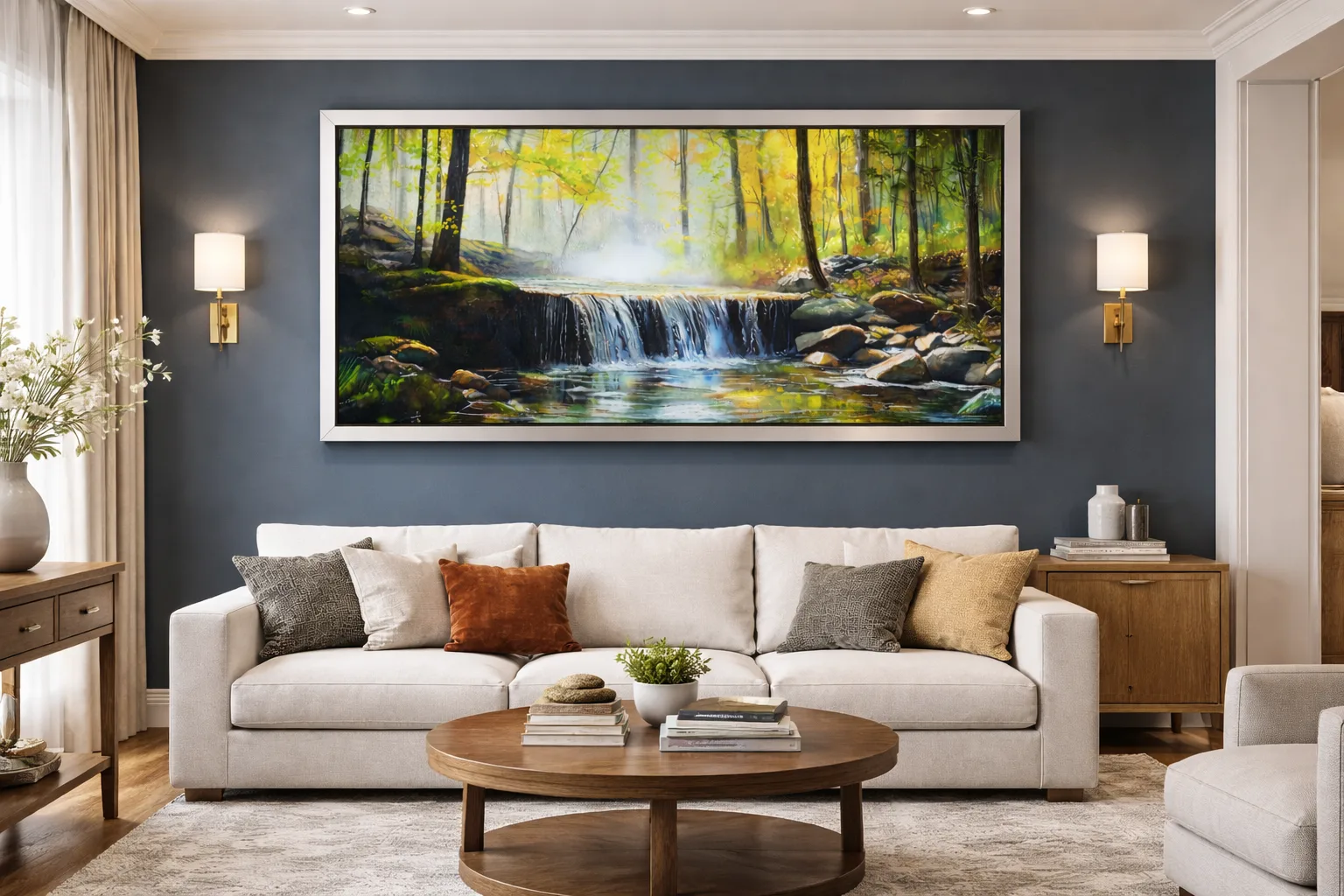Forest Waterfall Nature Canvas Wall Art 4×3 Feet – Floating Frame in Gold – Living Room Wall Décor - Image 5