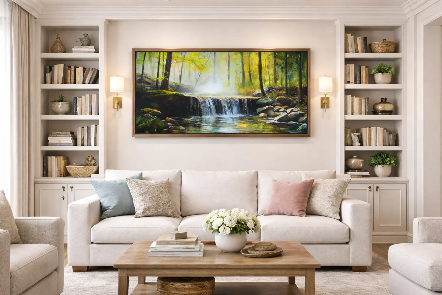 Forest Waterfall Nature Canvas Wall Art 4×3 Feet – Floating Frame in Gold – Living Room Wall Décor - Image 7