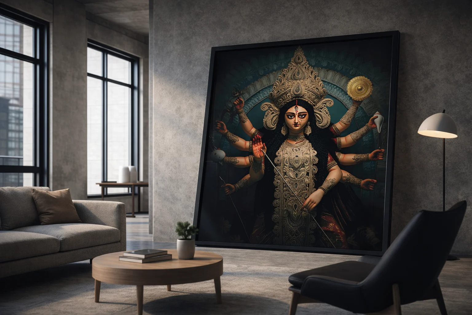 Goddess Durga Canvas Wall Art 5×3 Feet – Floating Frame in Gold – Pooja Room & Living Room Wall Décor - Image 9