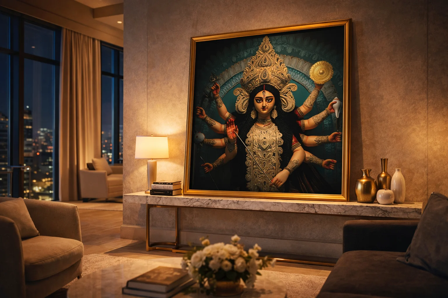 Goddess Durga Canvas Wall Art 5×3 Feet – Floating Frame in Gold – Pooja Room & Living Room Wall Décor - Image 8