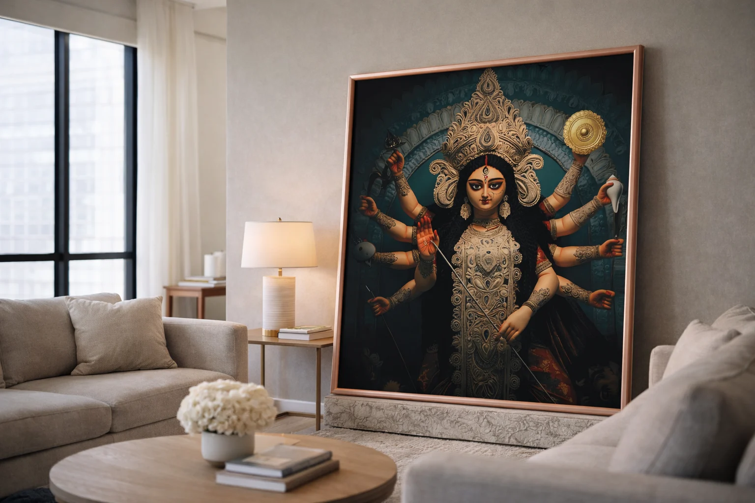 Goddess Durga Canvas Wall Art 5×3 Feet – Floating Frame in Gold – Pooja Room & Living Room Wall Décor - Image 7