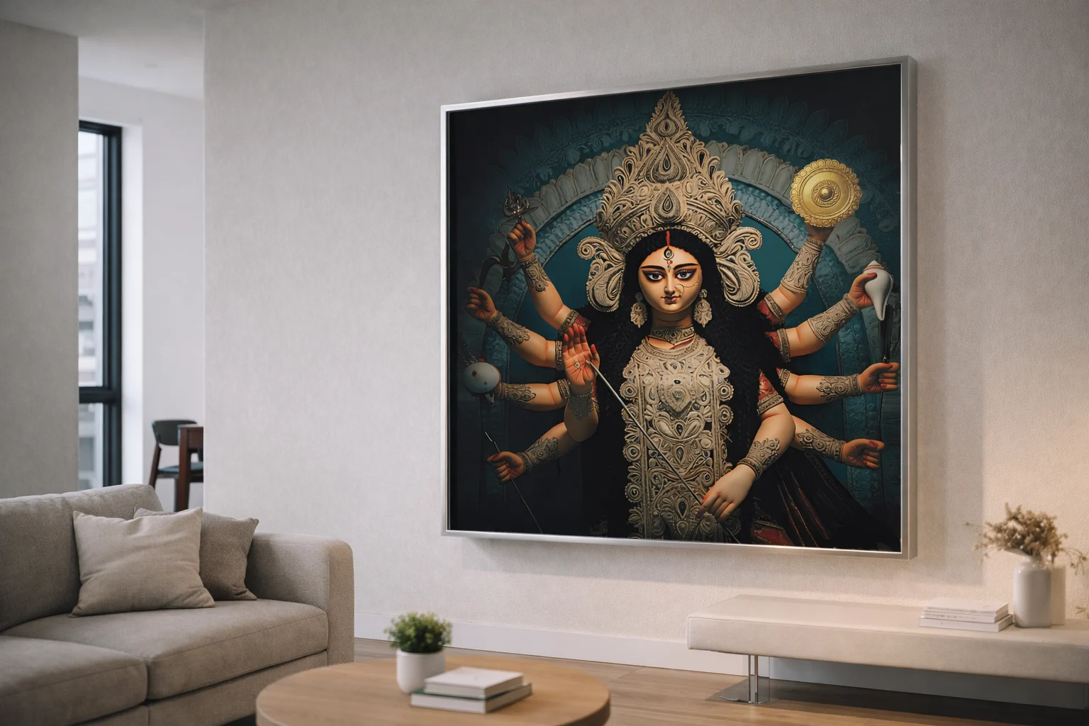 Goddess Durga Canvas Wall Art 5×3 Feet – Floating Frame in Gold – Pooja Room & Living Room Wall Décor - Image 6