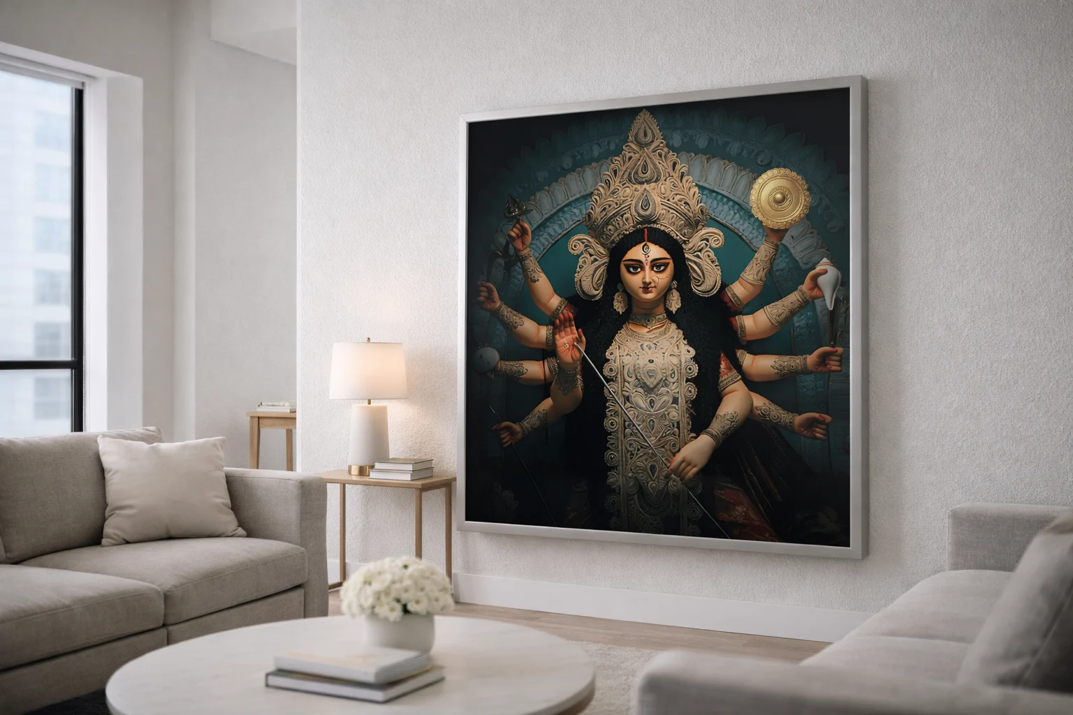 Goddess Durga Canvas Wall Art 5×3 Feet – Floating Frame in Gold – Pooja Room & Living Room Wall Décor - Image 5