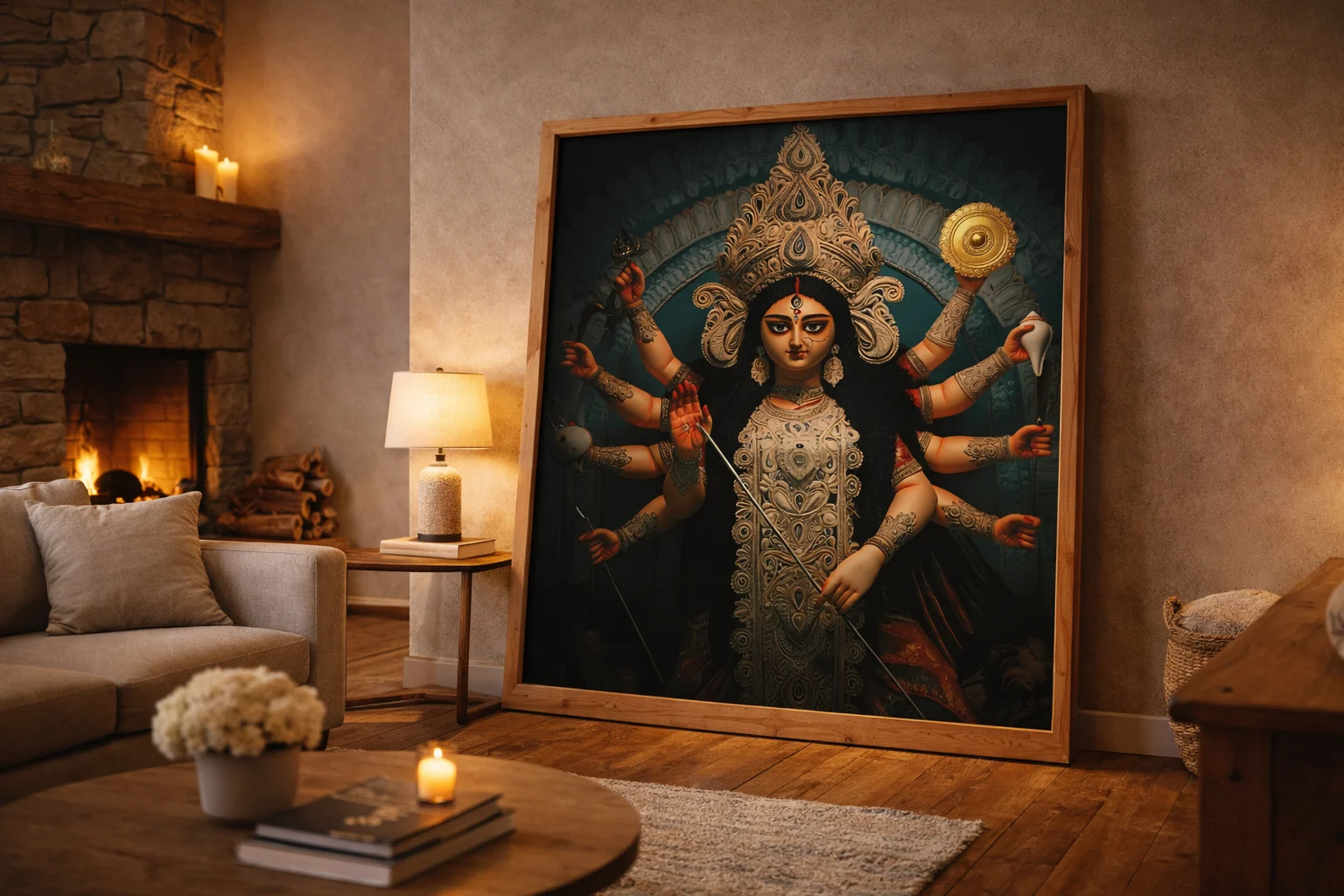 Goddess Durga Canvas Wall Art 5×3 Feet – Floating Frame in Gold – Pooja Room & Living Room Wall Décor - Image 4