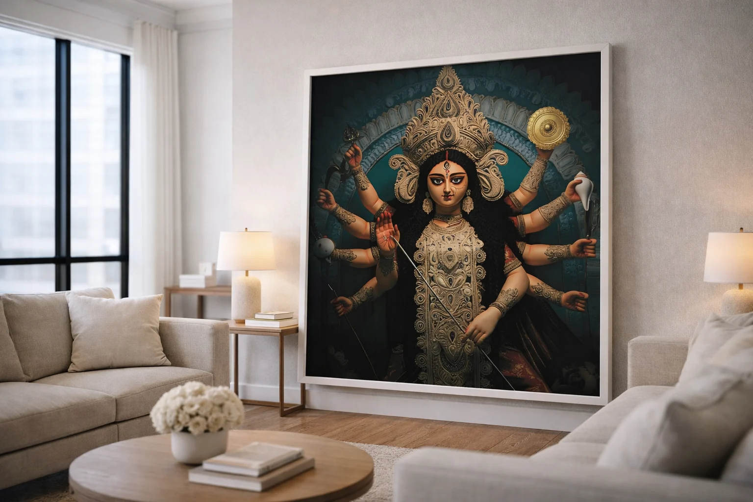 Goddess Durga Canvas Wall Art 5×3 Feet – Floating Frame in Gold – Pooja Room & Living Room Wall Décor - Image 3