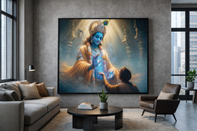 lord krishna blessing canvas wall art shown framed on a wall