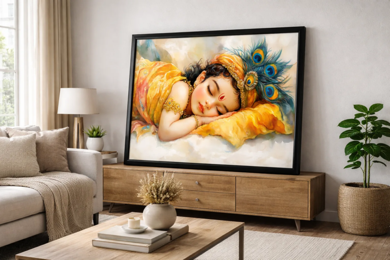 Sleeping Baby Krishna Canvas Wall Art – 36 × 48 Inches – Premium Digital Print for Peaceful Wall Décor