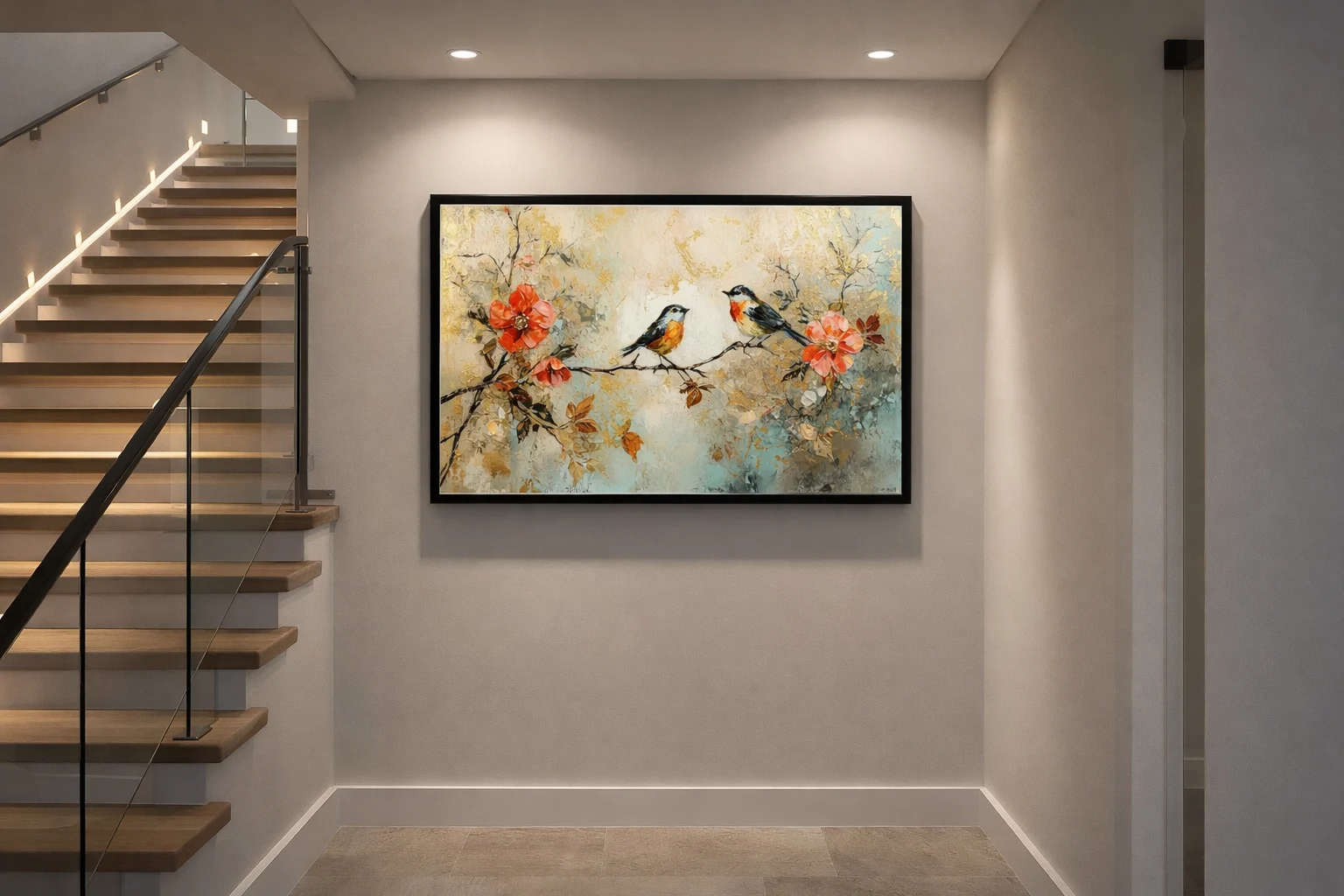 Birds on Floral Branch Canvas Wall Art 5×3 Feet – Floating Frame in Gold – Living Room Wall Décor - Image 3