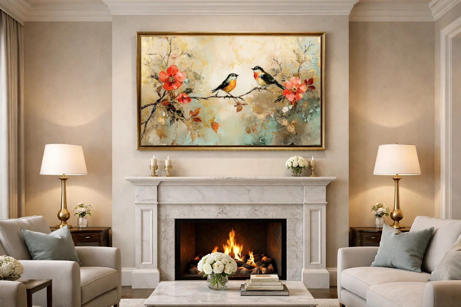 Birds on Floral Branch Canvas Wall Art 5×3 Feet – Floating Frame in Gold – Living Room Wall Décor - Image 4