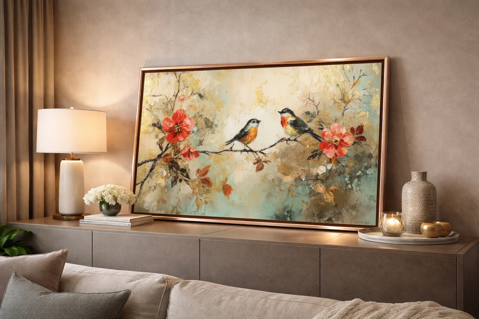 Birds on Floral Branch Canvas Wall Art 5×3 Feet – Floating Frame in Gold – Living Room Wall Décor - Image 5