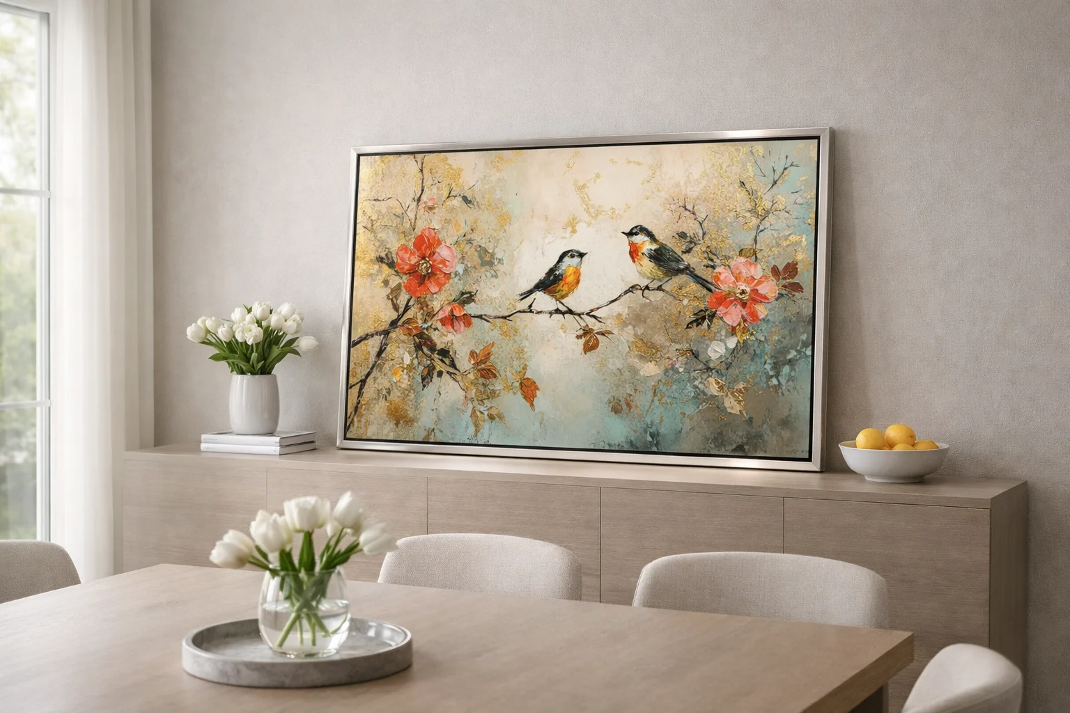 Birds on Floral Branch Canvas Wall Art 5×3 Feet – Floating Frame in Gold – Living Room Wall Décor - Image 6