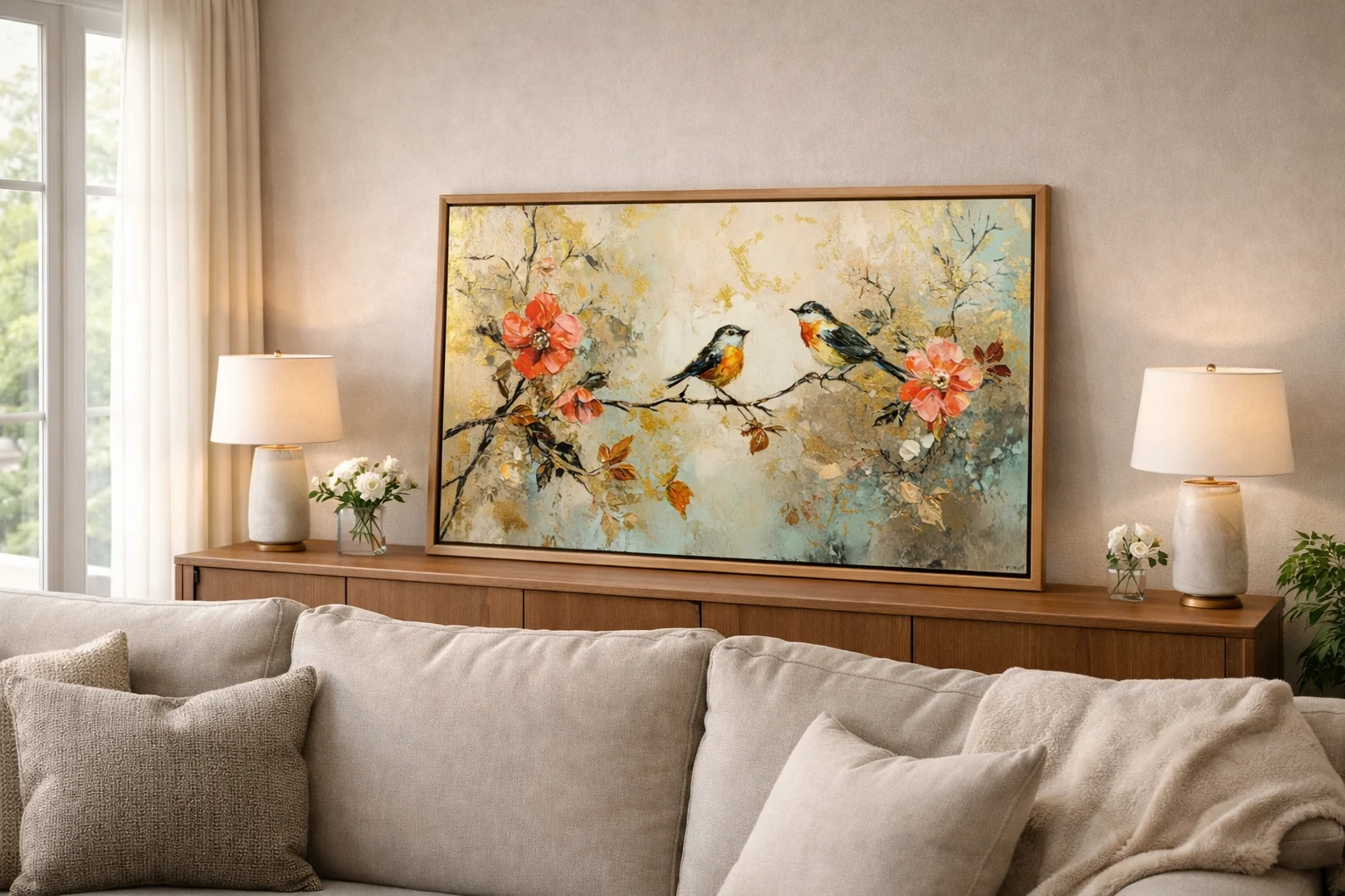 Birds on Floral Branch Canvas Wall Art 5×3 Feet – Floating Frame in Gold – Living Room Wall Décor - Image 7