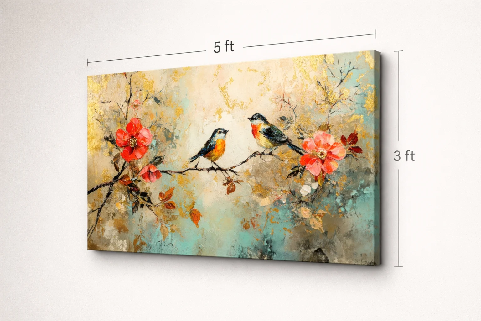 Birds on Floral Branch Canvas Wall Art 5×3 Feet – Floating Frame in Gold – Living Room Wall Décor - Image 8