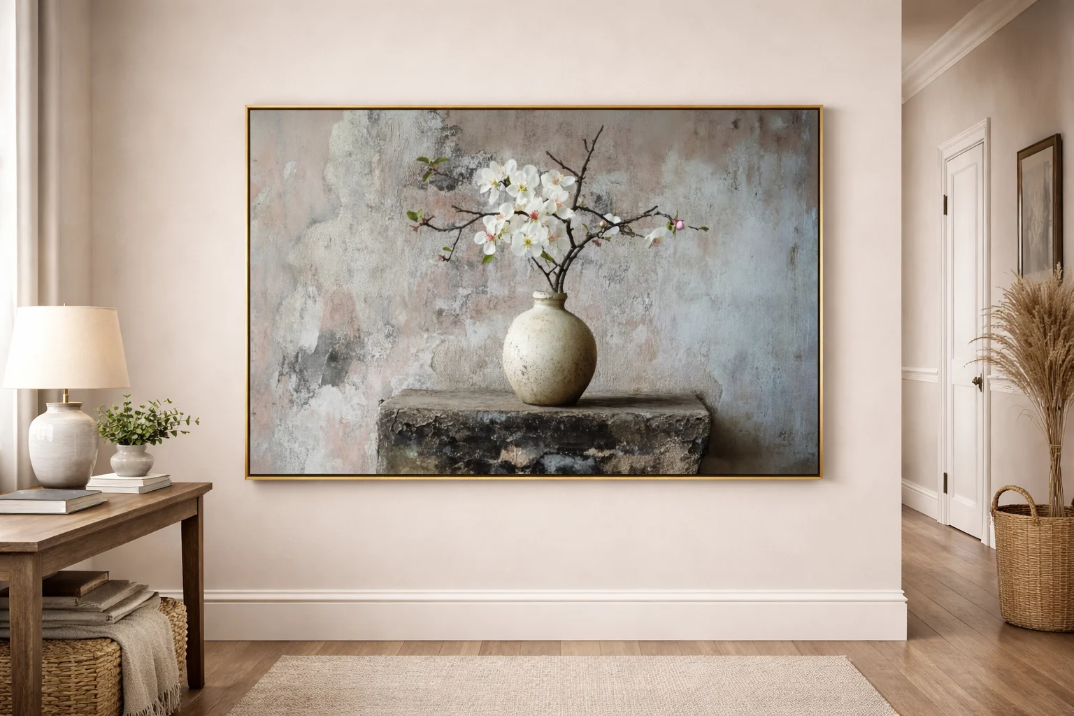 Minimalist White Blossom Vase Canvas Wall Art – 36 × 60 Inches Rustic Botanical Painting - Image 3