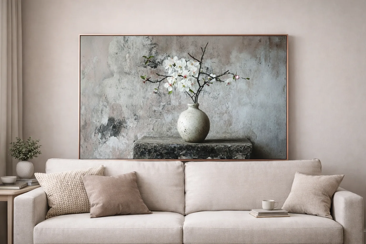 Minimalist White Blossom Vase Canvas Wall Art – 36 × 60 Inches Rustic Botanical Painting - Image 4