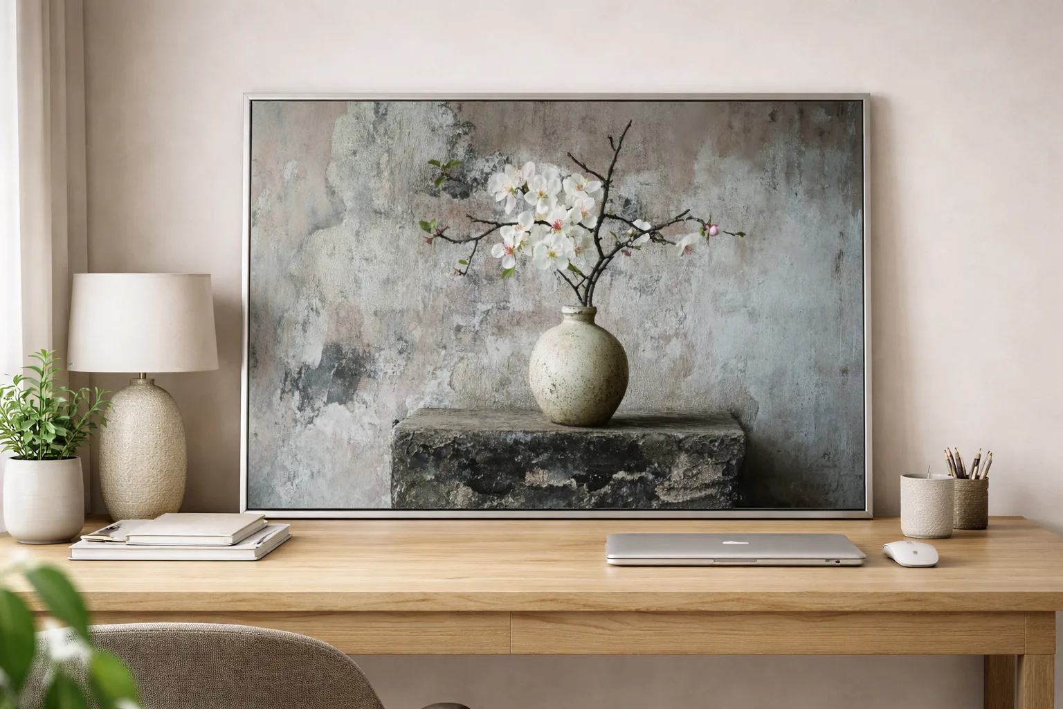 Minimalist White Blossom Vase Canvas Wall Art – 36 × 60 Inches Rustic Botanical Painting - Image 5