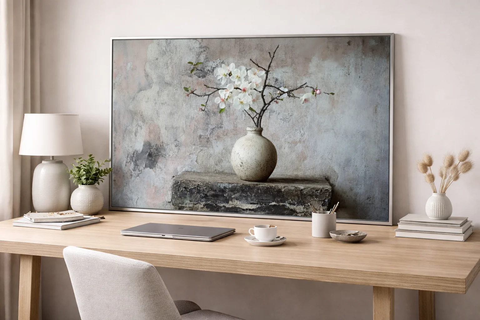 Minimalist White Blossom Vase Canvas Wall Art – 36 × 60 Inches Rustic Botanical Painting - Image 6