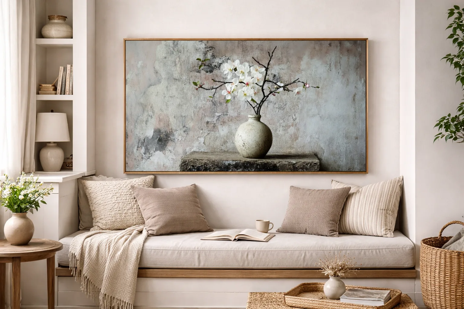 Minimalist White Blossom Vase Canvas Wall Art – 36 × 60 Inches Rustic Botanical Painting - Image 7