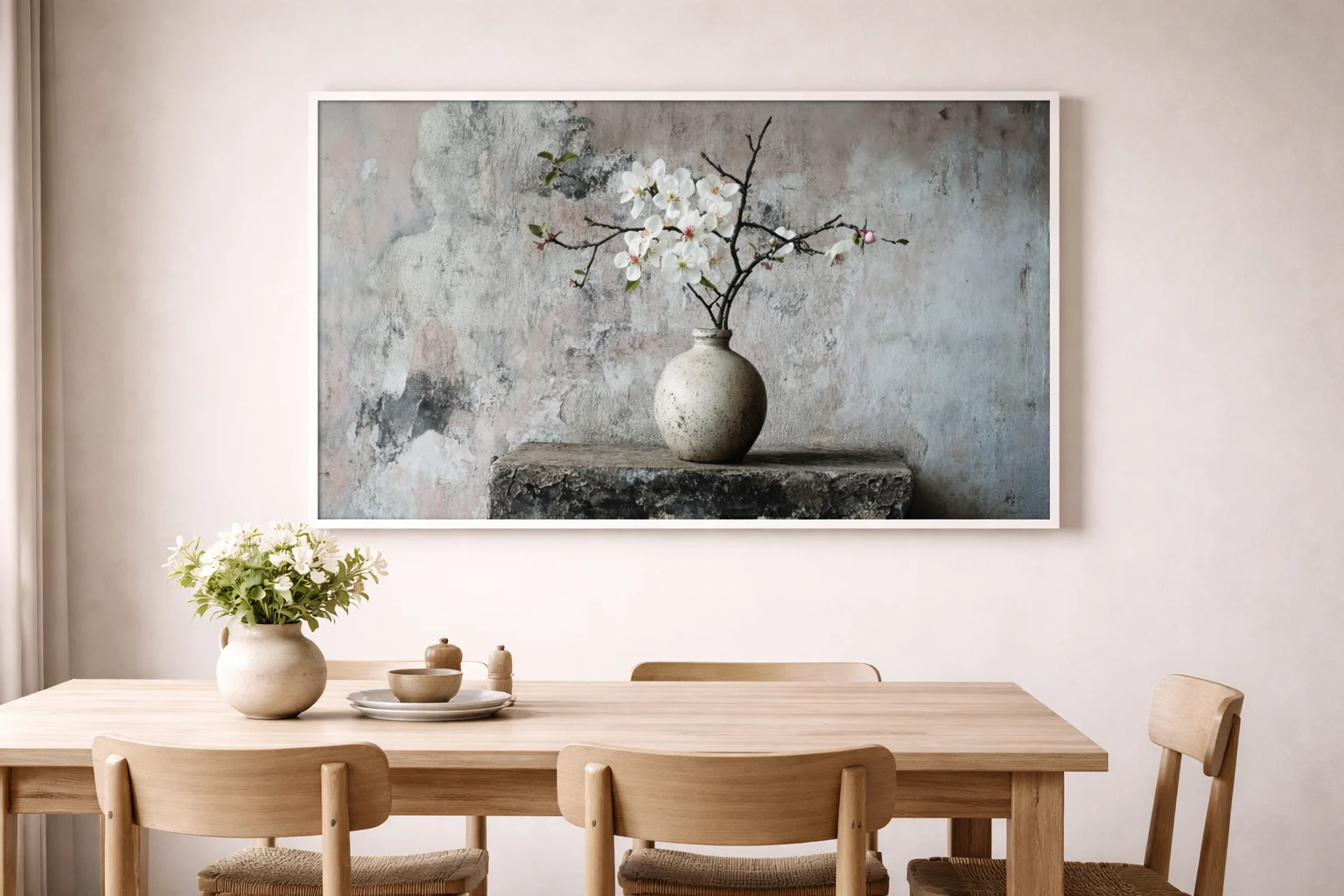 Minimalist White Blossom Vase Canvas Wall Art – 36 × 60 Inches Rustic Botanical Painting - Image 9