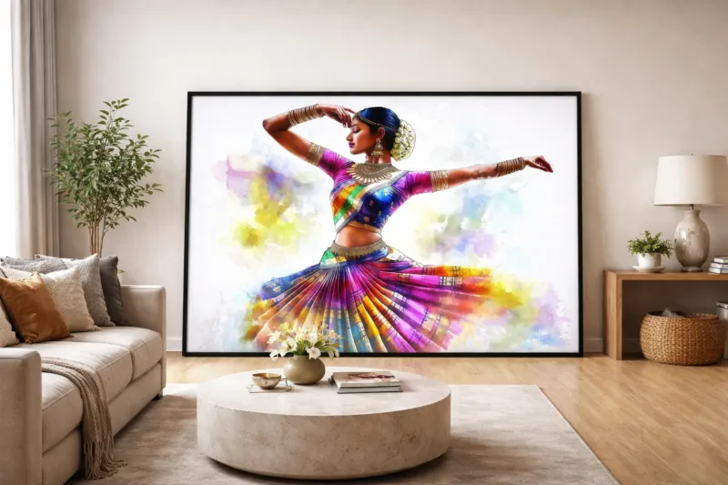indian classical dance canvas wall art shown framed on a wall